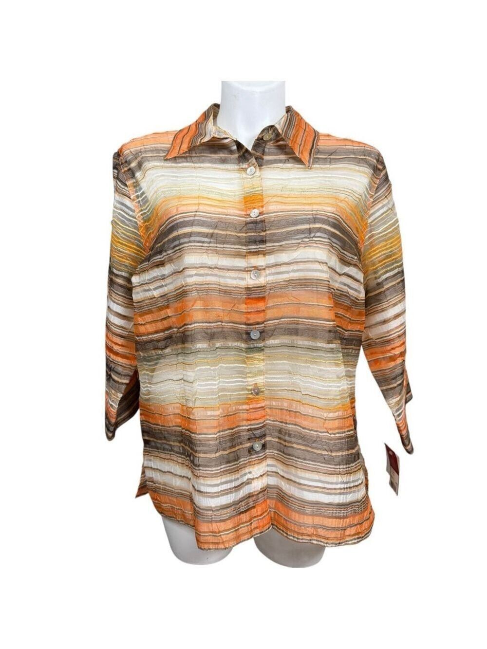 Choices Woman NWT Striped Sheer Button Front Blouse Orange Brown 2X